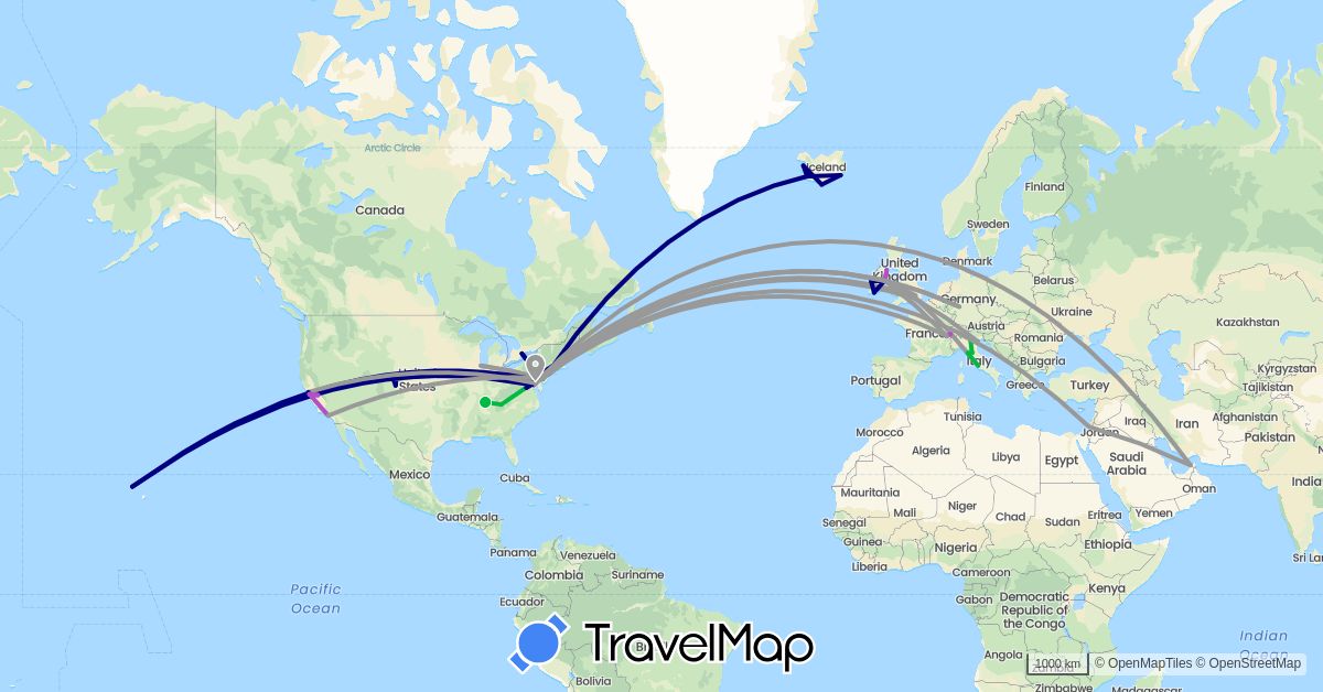 TravelMap itinerary: driving, bus, plane, train in United Arab Emirates, Canada, Switzerland, Germany, United Kingdom, Ireland, Israel, Iceland, Italy, United States (Asia, Europe, North America)